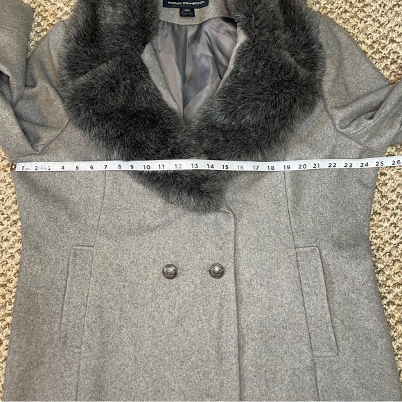 French Connection Charcoal Faux Fur Collared Double-Breasted Wool Blend Pea Coat - Picture 9 of 16